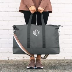 Monogrammed Classic Weekender -Fashion Clothing Store V55 monogrammed classic grey charcoal weekender with neutral stripe strap