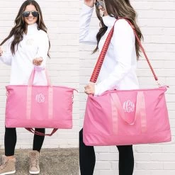 Monogrammed Classic Weekender -Fashion Clothing Store V55 monogrammed pink classic weekender bag on wrist and over shoulder