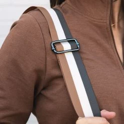 Monogrammed Classic Weekender -Fashion Clothing Store V55 tan and gray strap upclose