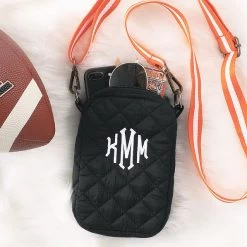 Monogrammed Quilted Phone Crossbody 17 Monogrammed Quilted Phone Crossbody -Fashion Clothing Store VA3 black quilted phone crossbody with orange strap