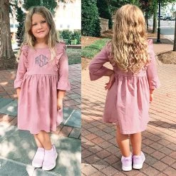Monogrammed Kids Ruffle Dress -Fashion Clothing Store VEC kids mauve ruffle dress front and back