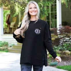 Monogrammed Crewneck Sweatshirt -Fashion Clothing Store VI2 black crewneck sweatshirt on blonde girl by cabin