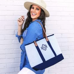 Monogrammed Seersucker Tote Bag 8 Monogrammed Seersucker Tote Bag -Fashion Clothing Store VgH monogrammed blue seersucker tote on shoulder