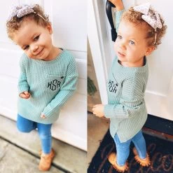 Monogrammed Kids Waffle Crewneck Sweatshirt -Fashion Clothing Store Vpq sage kids waffle crewneck split