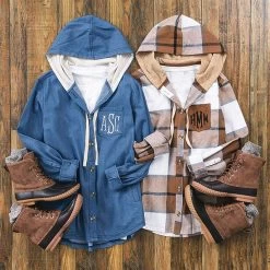 Monogrammed Shacket -Fashion Clothing Store VqB duo shacket flatlay in chambray and hickory plaid