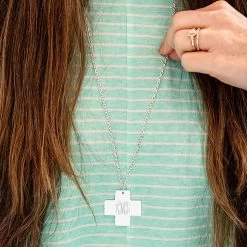 Monogrammed Cross Pendant Necklace -Fashion Clothing Store Vtz silver cross necklace with mint top