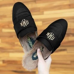 Monogrammed Slide On Loafers -Fashion Clothing Store WAO black slide on loafers in hands
