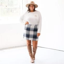 Pull On Skirt -Fashion Clothing Store WIe slate ivory plaid pull on skirt plus size TALL BOOTS WIDE BRIM HAT studio