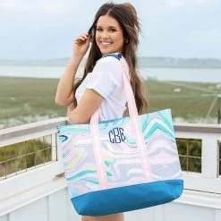 Monogrammed Large Zip Top Tote -Fashion Clothing Store WmL girl wearing colorful marble large zip top tote