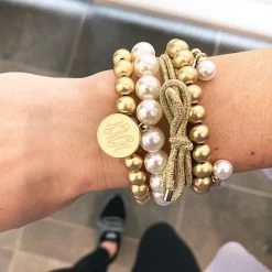 Monogrammed Ball Bracelet Stack -Fashion Clothing Store WoD gold monogrammed ball bracelet set on wrist