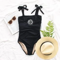 Monogrammed One Piece Bathing Suit -Fashion Clothing Store Wx3 black one piece bathing suit flatlay 2