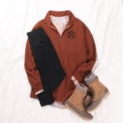 Monogrammed Quarter Zip Sweatshirt -Fashion Clothing Store X0I rust orange quarter zip sweatshirt with duck boots ootd