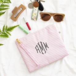 Monogrammed Wristlet Pouch -Fashion Clothing Store XPA pink and white stripes wristlet pouch flatlay