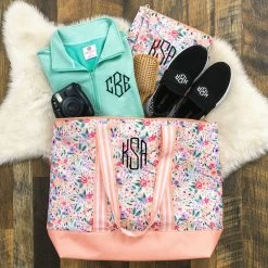 Monogrammed Large Zip Top Tote -Fashion Clothing Store Xrc coral floral spill shot fall