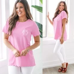 Monogrammed Scalloped Top -Fashion Clothing Store Xxg monogrammed carnation scalloped t shirt with white pants and sandals