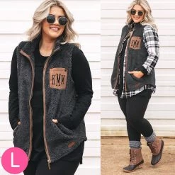 Monogrammed Sherpa Vest -Fashion Clothing Store YhP monogrammed charcoal sherpa vest with leggings and boots