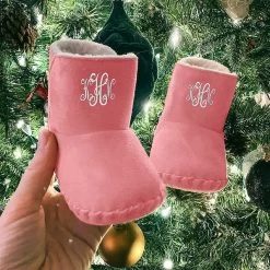 Monogrammed Baby Booties -Fashion Clothing Store Ywa pink baby booties in christmas tree