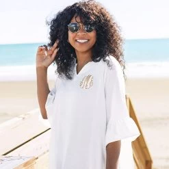 Monogrammed Ruffle Cover Up 10 Monogrammed Ruffle Cover Up -Fashion Clothing Store Z0p up close of white monogrammed cover up