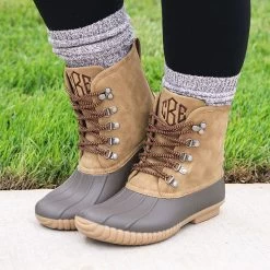 Monogrammed Duck Boots -Fashion Clothing Store ZBs monogrammed tan duck boots with socks