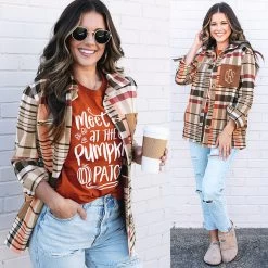 Monogrammed Shirt Jacket 11 Monogrammed Shirt Jacket -Fashion Clothing Store ZC2 monogrammed plaid pumpkin shacket with orange pumpkin patch shirt
