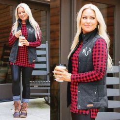 Monogrammed Heathered Quilted Vest -Fashion Clothing Store ZtM charcoal heathered quilted vest with buffalo plaid