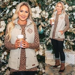 Monogrammed Heathered Quilted Vest -Fashion Clothing Store ZtM oatmeal heathered vest with christmas tree