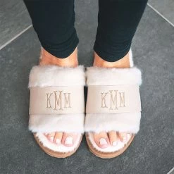 Monogrammed Fuzzy Slippers -Fashion Clothing Store a9j ivory fuzzy slippers