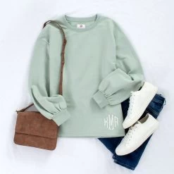 Monogrammed Puff Sleeve Sweatshirt -Fashion Clothing Store aMd aloe puff sleeve sweatshirt styled with denim and white sneakers