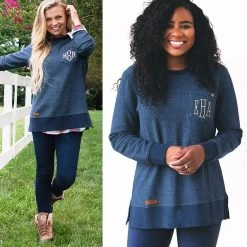 Monogrammed Corded Sweatshirt -Fashion Clothing Store aOJ navy corded sweatshirt with plaid tunic