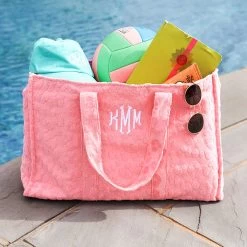 Monogrammed Terry Tote -Fashion Clothing Store ag8 pink terry tote by pool filled with hat ball sunglasses