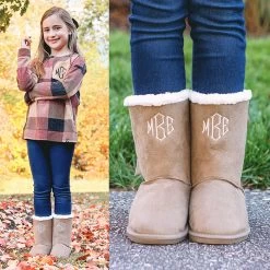 Monogrammed Kids Sherpa Tie Booties -Fashion Clothing Store amW tan kids monogrammed sherpa booties