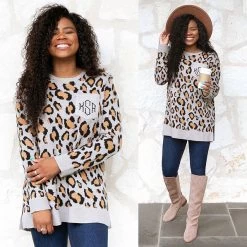 Monogrammed Leopard Boyfriend Sweater -Fashion Clothing Store asN leopard boyfriend sweater with floppy hat