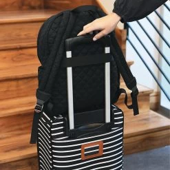 Monogrammed Quilted Laptop Backpack -Fashion Clothing Store bBC black quilted backpack on top of suitcase