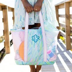 Monogrammed Mesh Beach Bag Set 9 Monogrammed Mesh Beach Bag Set -Fashion Clothing Store bCY blue safari mesh beach bag set on dock in girls hands