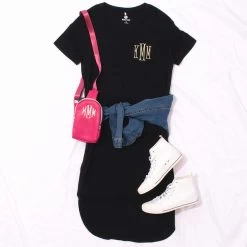 Monogrammed Midi Dress -Fashion Clothing Store bLu black midi dress with denim jacket streetstyle vibe