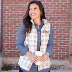 Monogrammed Buffalo Plaid Fleece Vest -Fashion Clothing Store bUo monogrammed tan buffalo plaid fleece vest with chambray tunic