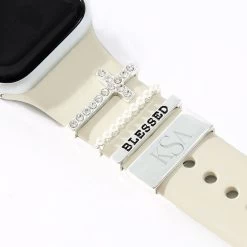 Personalized Smart Watch Charm Set -Fashion Clothing Store bfm Personalized Smart Watch Charm Set in Silver on Apple Watch Band