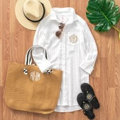 Monogrammed Shirtdress Cover Up -Fashion Clothing Store bgz white shirtdress cover up ootd tan monogram