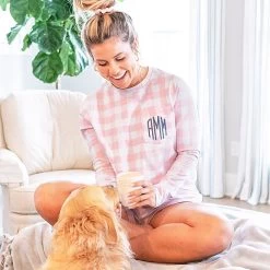 Monogrammed Gingham Sweatshirt -Fashion Clothing Store bjb girl wearing pink gingham sweatshirts with Dog