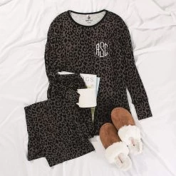Monogrammed Pajama Set 15 Monogrammed Pajama Set -Fashion Clothing Store bs9 flat lay of onyx leopard pajama set