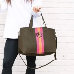 Monogrammed Spencer Tote Bag -Fashion Clothing Store cLM monogrammed striped spencer tote bag in dark olive green on wrist