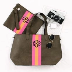 Monogrammed Spencer Tote Bag -Fashion Clothing Store cLM monogrammed striped spencer tote bag in dark olive with matching wristlet