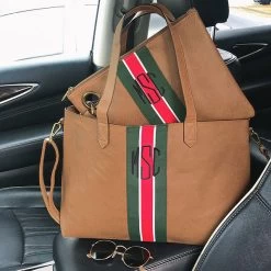 Monogrammed Spencer Tote Bag -Fashion Clothing Store cLM monogrammed striped tote bag in brown leather with wristlet