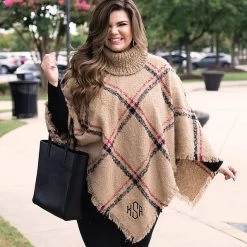 Monogrammed Plaid Cowl Neck Poncho -Fashion Clothing Store clL tan plaid poncho with black bag