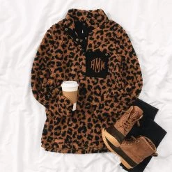 Monogrammed Leopard Sherpa Pullover -Fashion Clothing Store csn monogrammed leopard sherpa sweatshirt ootd with duck boots
