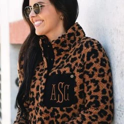 Monogrammed Leopard Sherpa Pullover -Fashion Clothing Store csn personalized hickory sherpa pullover pocket details