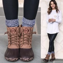 Monogrammed Leopard Sole Duck Boots -Fashion Clothing Store dbv leopard bottom duck boots with long sleeve shirt