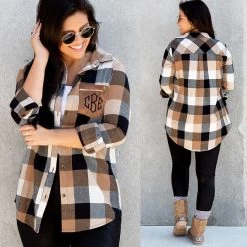 Monogrammed Plaid Layering Tunic -Fashion Clothing Store e4J personalized plaid tunic in camel and black