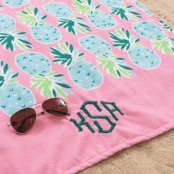 Monogrammed Beach Towel -Fashion Clothing Store eGI pink pineapple monogrammed beach towel in sand