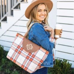 Monogrammed Classic Tote -Fashion Clothing Store eYn orange and navy plaid classic tote on shoulder